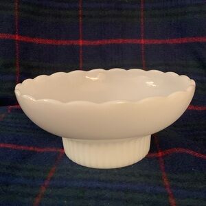 White milk glass  dish by E.O.Brody, 3.5 inches high.